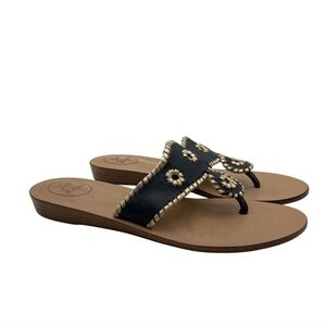 Jack Rogers 10 Navy Gold Leather Embroidered Tong Sandals Flat Wedges